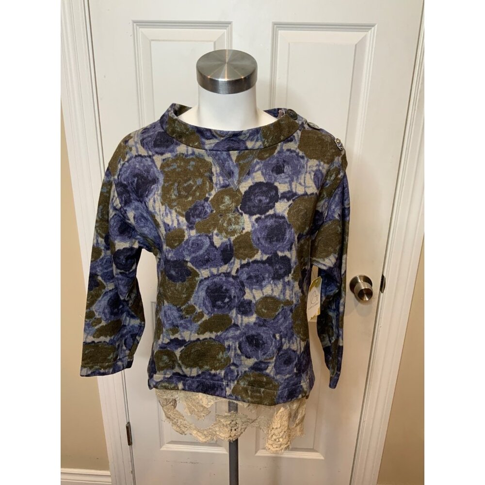 Erika Cavallini Semi-Couture Blue Rose Patterned Wide Neck Sweater Lace Hem Sz S
